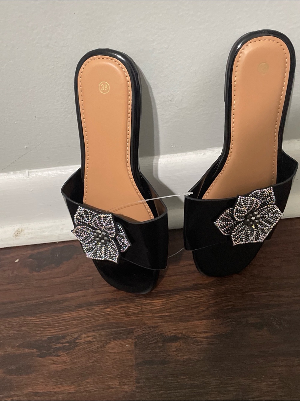 Black Slide Sandals with Crystal Floral Accent